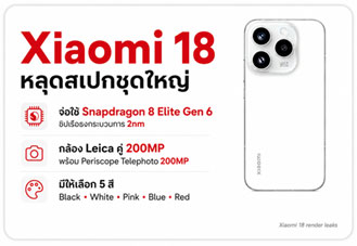 Xiaomi 18 หลุดสเปก ชิป Snapdragon 8 Elite Gen 6 ขนาด 2nm พร้อมข้อมูลสี 5 สี