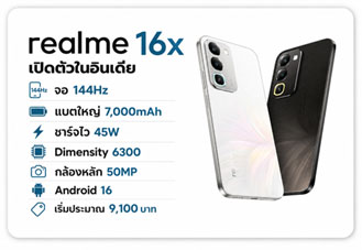 realme 16x เปิดตัวในอินเดีย มือถือจอ 144Hz แบต 7,000mAh ชาร์จ 45W พร้อม Dimensity 6300